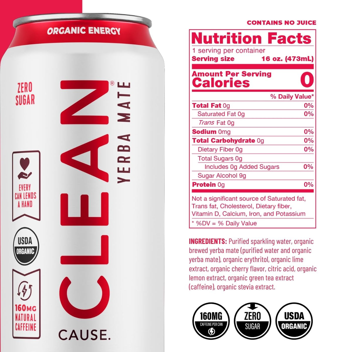 CLEAN Cause Zero Sugar Yerba Mate Organic Energy Variety Pack, 12 Pack 16oz