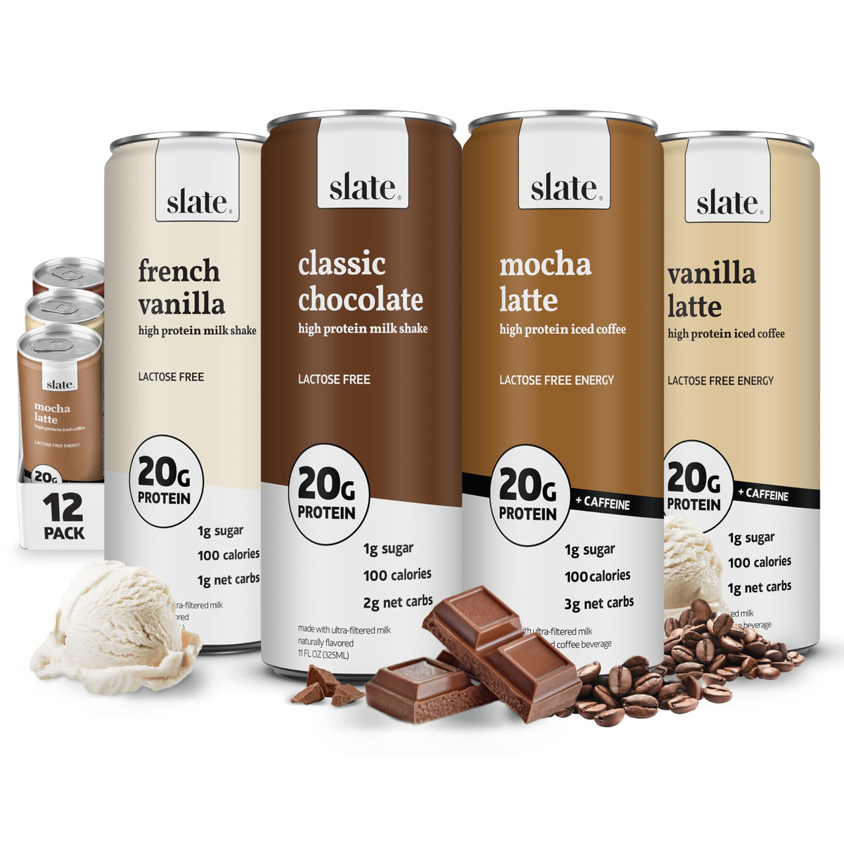 Slate Milk - High Protein Milk Shake - French Vanilla - Lactose Free, 20g Protein, 1g Sugar, 100 Calories, 1g Net Carbs, No Added Sugar - Natural, Breakfast Boost, Post Workout - 11 fl oz, 12 Cans