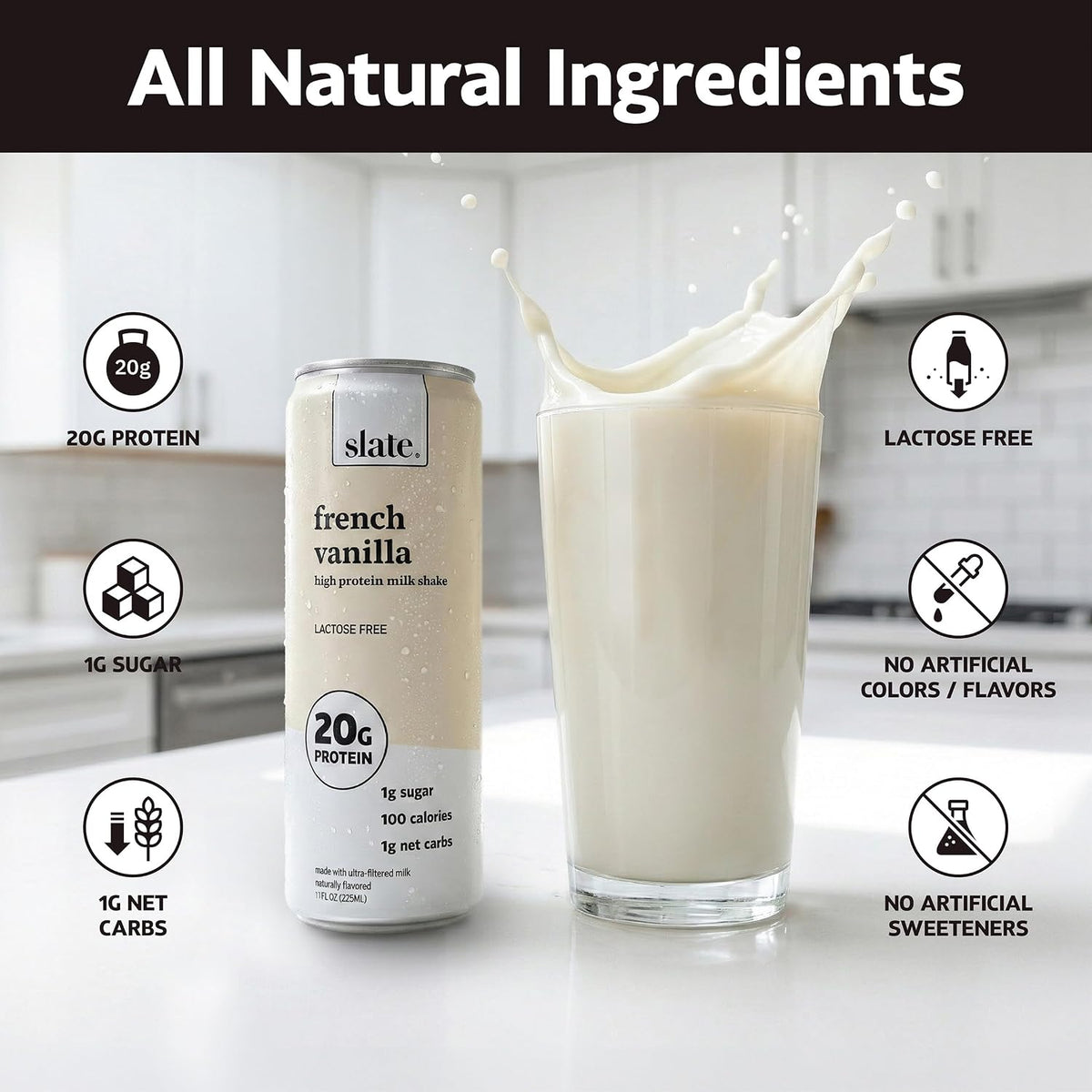 Slate Milk - High Protein Milk Shake - French Vanilla - Lactose Free, 20g Protein, 1g Sugar, 100 Calories, 1g Net Carbs, No Added Sugar - Natural, Breakfast Boost, Post Workout - 11 fl oz, 12 Cans