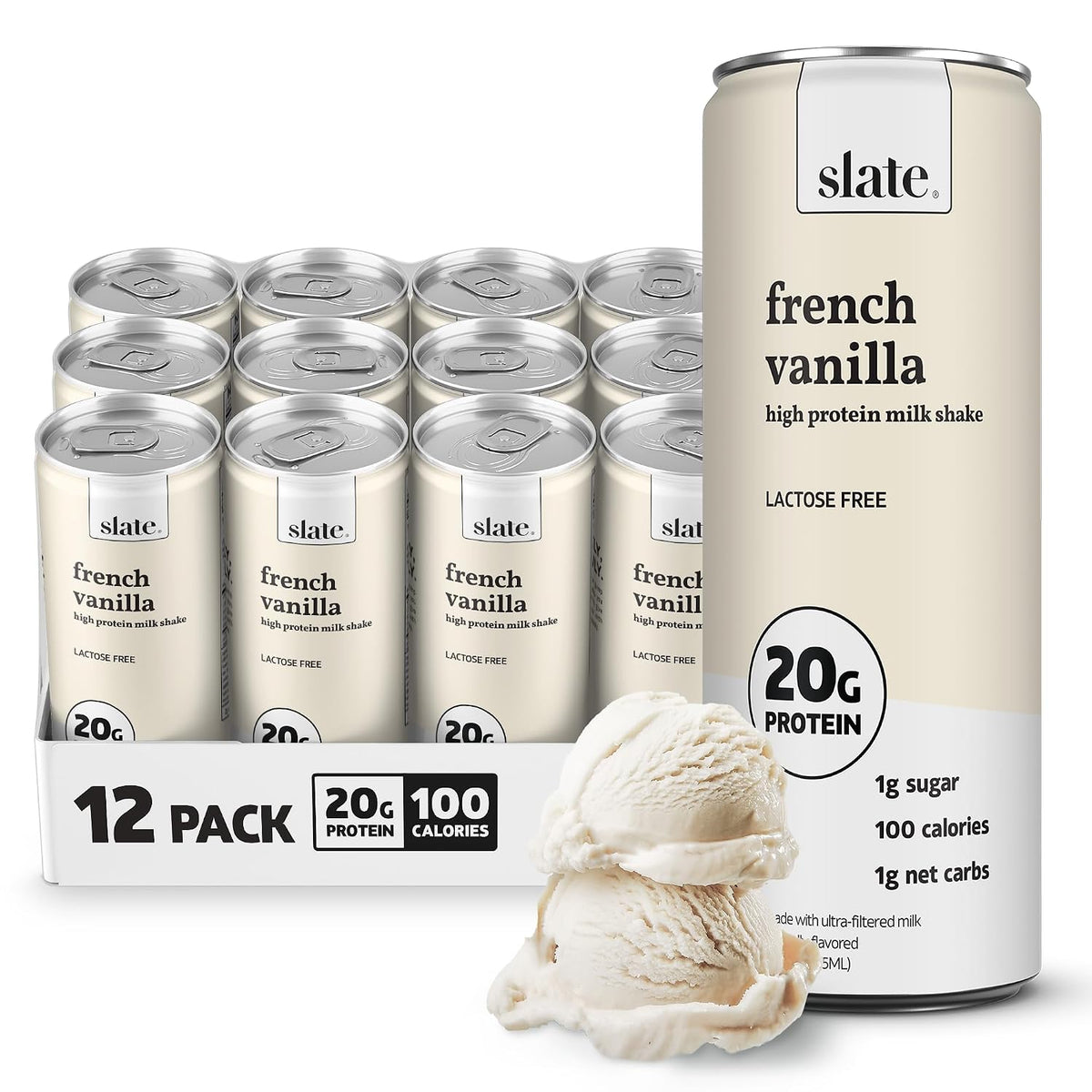 Slate Milk - High Protein Milk Shake - French Vanilla - Lactose Free, 20g Protein, 1g Sugar, 100 Calories, 1g Net Carbs, No Added Sugar - Natural, Breakfast Boost, Post Workout - 11 fl oz, 12 Cans