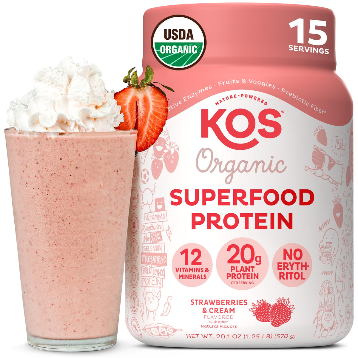 KOS Vegan Protein Powder Erythritol Free, Vanilla USDA Organic - Pea Protein Blend, Plant Based Superfood Rich in Vitamins & Minerals - Keto, Dairy Free - Meal Replacement for Women & Men, 28 Servings