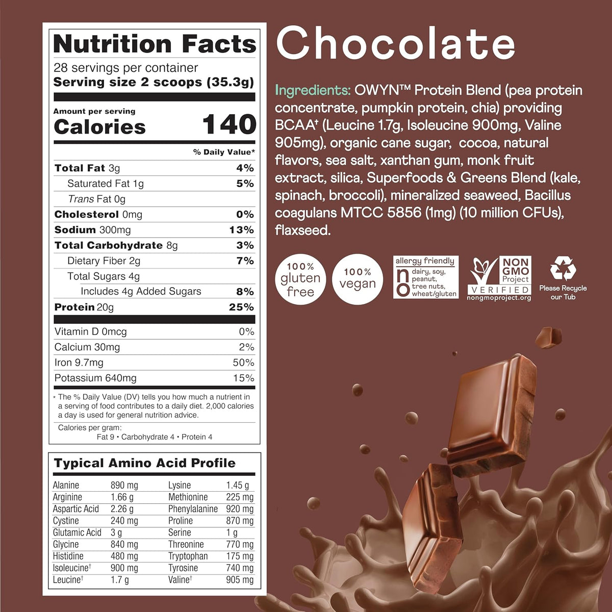 OWYN Only What You Need Dark Chocolate Flavored 20g Protein Powder, 2.2 LB