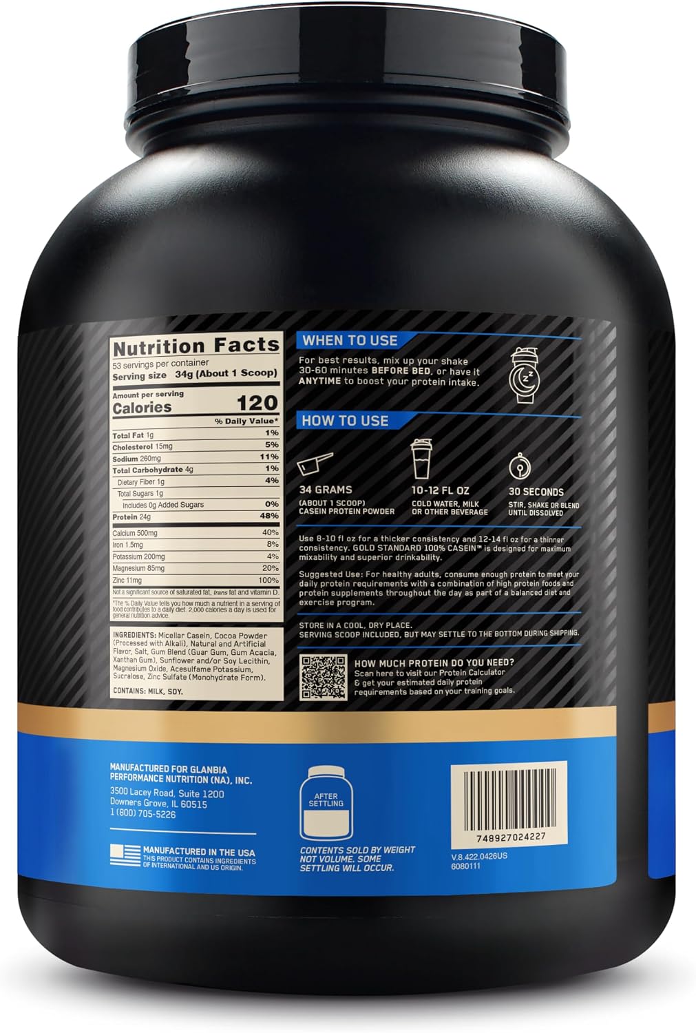 Optimum Nutrition Gold Standard Casein Protein Powder Chocolate Supreme 4LB