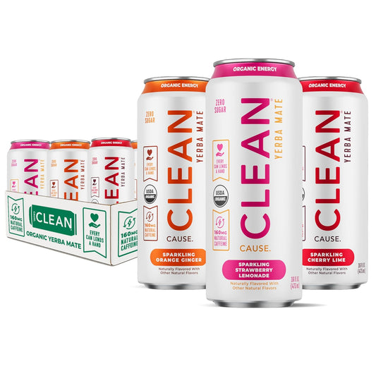 CLEAN Cause Zero Sugar Yerba Mate Organic Energy Variety Pack, 12 Pack 16oz
