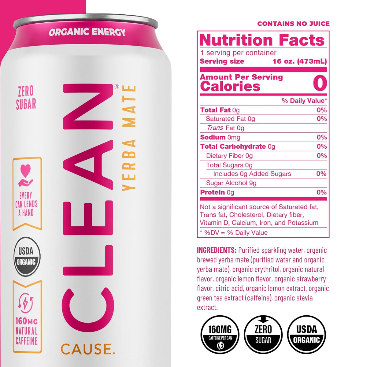CLEAN Cause Zero Sugar Yerba Mate Organic Energy Variety Pack, 12 Pack 16oz