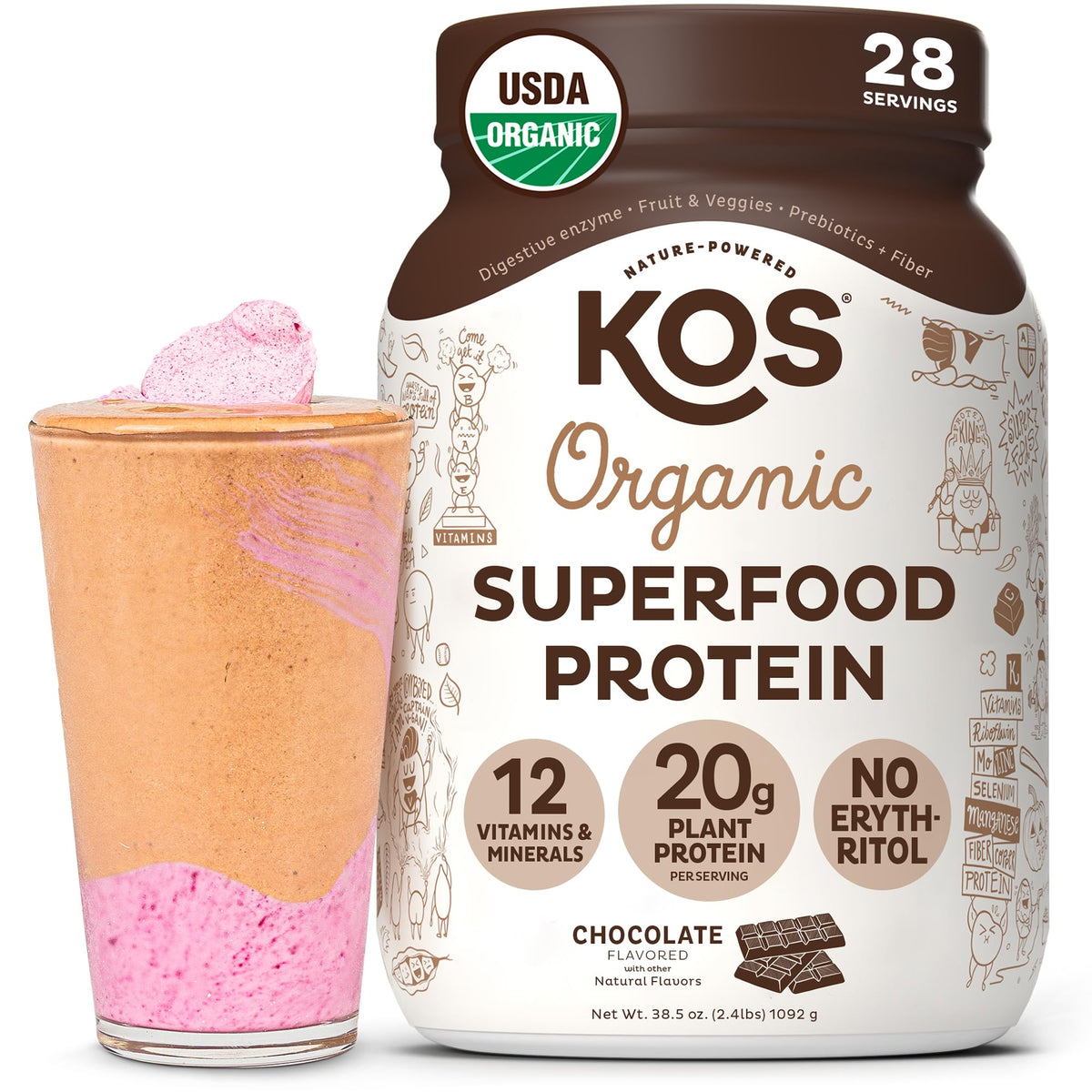 KOS Vegan Protein Powder Erythritol Free, Vanilla USDA Organic - Pea Protein Blend, Plant Based Superfood Rich in Vitamins & Minerals - Keto, Dairy Free - Meal Replacement for Women & Men, 28 Servings